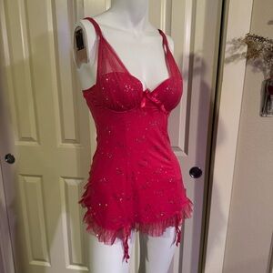 Hot Pink Chemise Nightdress Set with Sequin Detail and Ruffles
